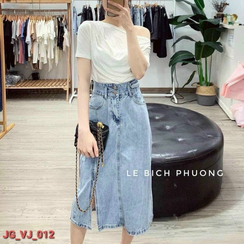Chân váy jean chữ a dài thanh lịch form 50kg trở lại