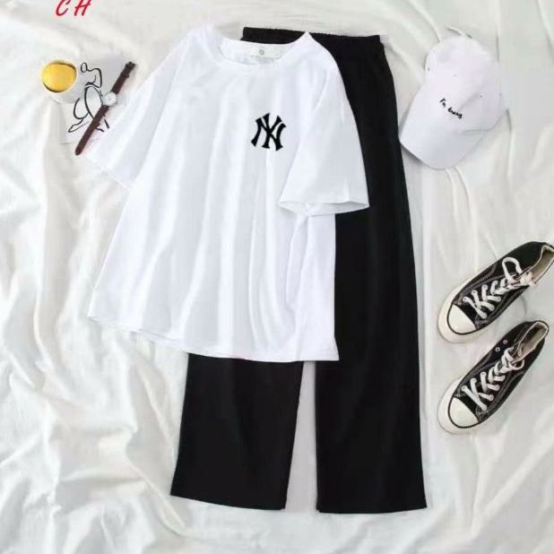 Sét áo phông lo go ny + quần ống rộng f43