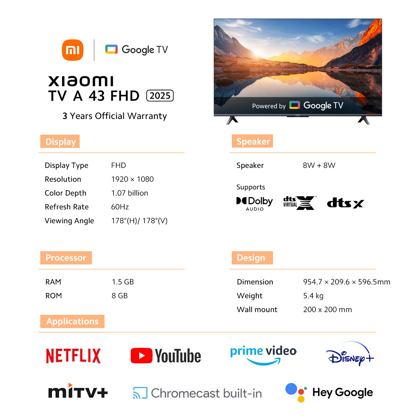 (Offiziell) Xiaomi TV A 43 FHD 2025 TV Smart Google TV DVB-T2/C Sprachsteuerung 1,5 GB RAM 8 GB ROM 5G WIFI Bluetooth 5.0 Google OS HD Smart-TV-Fernseher Google Playstore YouTube Chromecast (3 Jahre Garantie)