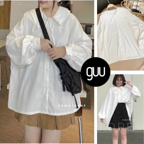 Áo sơ mi trắng cổ GUU buộc nơ phong cách ulzzang