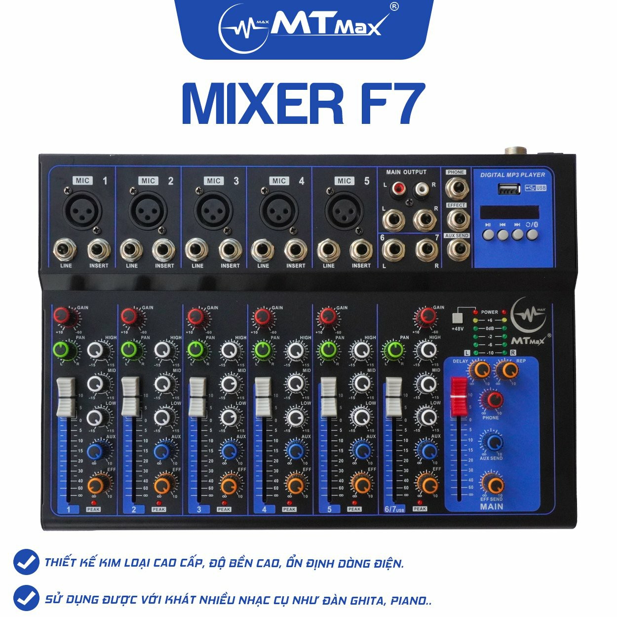 [Tặng dây kết nối] Bàn trộn Mixer MTMax F7 BT - 7 kênh cao cấp - Có bluetooth, chống hú tốt - Màn hình led hiển thị thông số - Hỗ trợ thu âm, livestream, karaoke online - Kết hợp được với loa kéo, amply, dàn karaoke