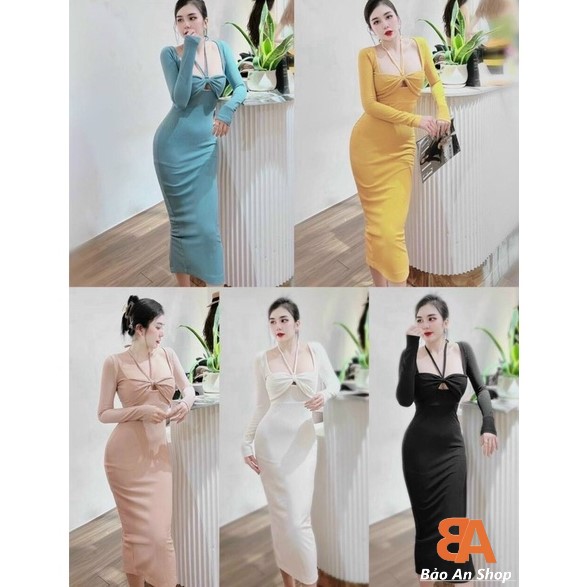 Đầm body tay dài phối dây cột nhiều màu, Váy ôm form dài