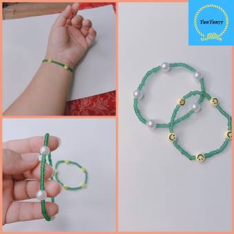 Vòng tay hạt cườm xanh mix mặt cười hoặc ngọc trai cute, trẻ trung