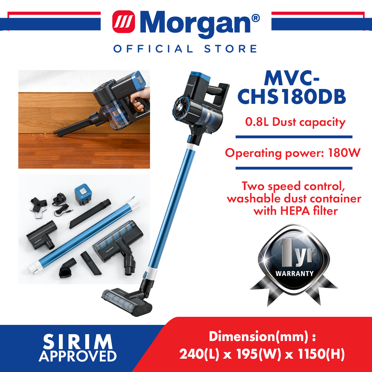 MORGAN MVC-CHS180DB CORDLESS 3IN1 STICK VACUUM
