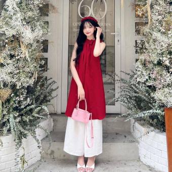 Set áo dài cách tân nữ cổ yếm phối nơ kèm quần dài ống suông trắng, Set yếm đỏ cổ yếm nơ kèm quần trắng