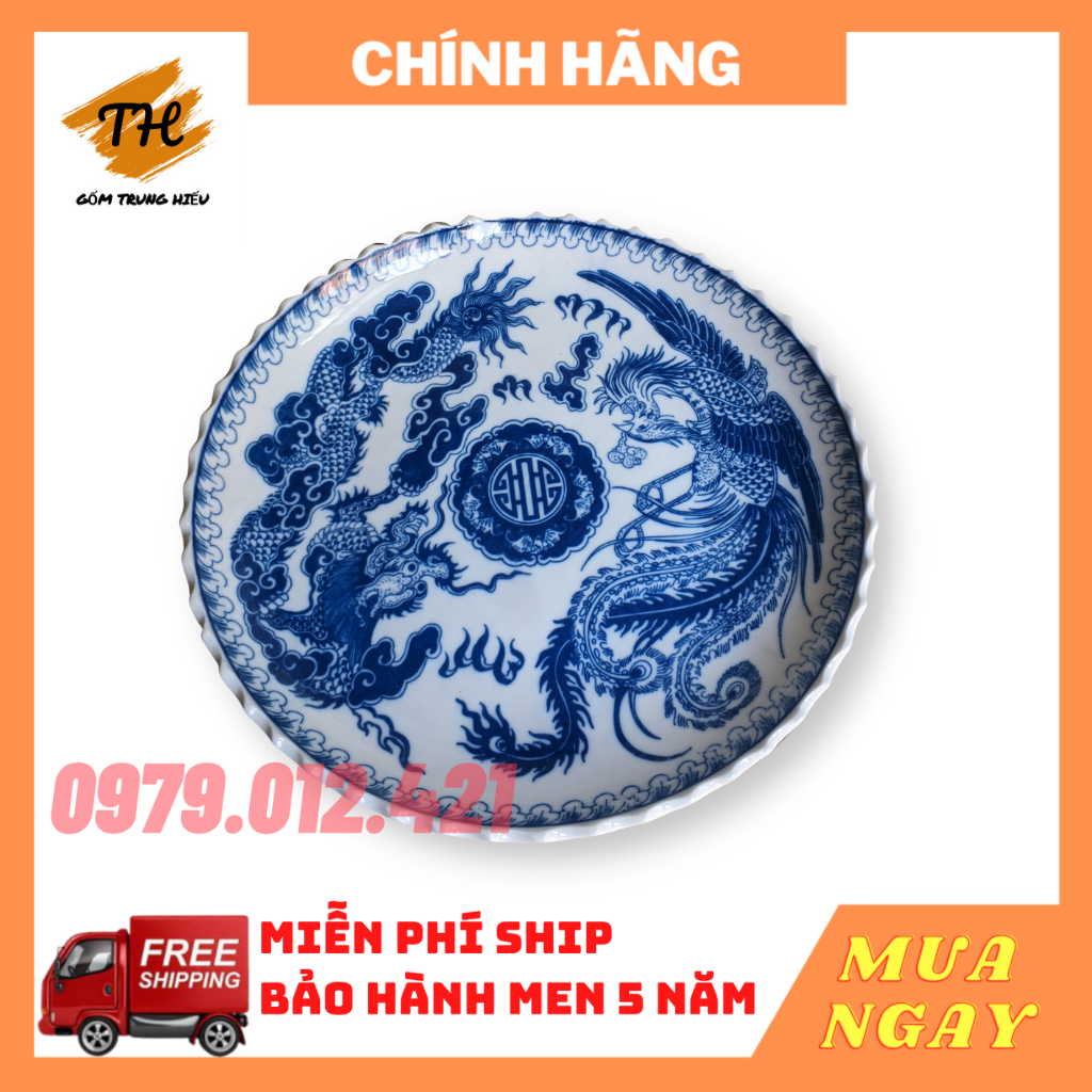 Mâm bồng sứ, đĩa thờ men lam Bát Tràng hoạ tiết rồng phượng cao cấp
