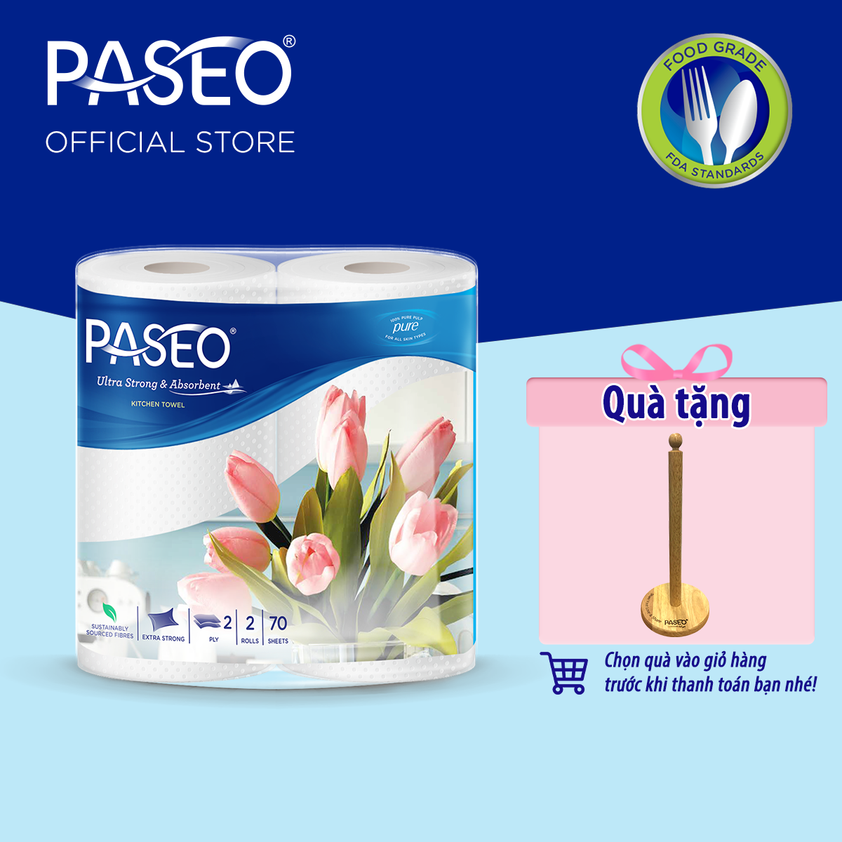 Giấy bếp đa năng cao cấp Paseo lau dầu mỡ, thấm hút nhanh, trơn (2 cuộn 2 lớp 70 tờ)/lốc