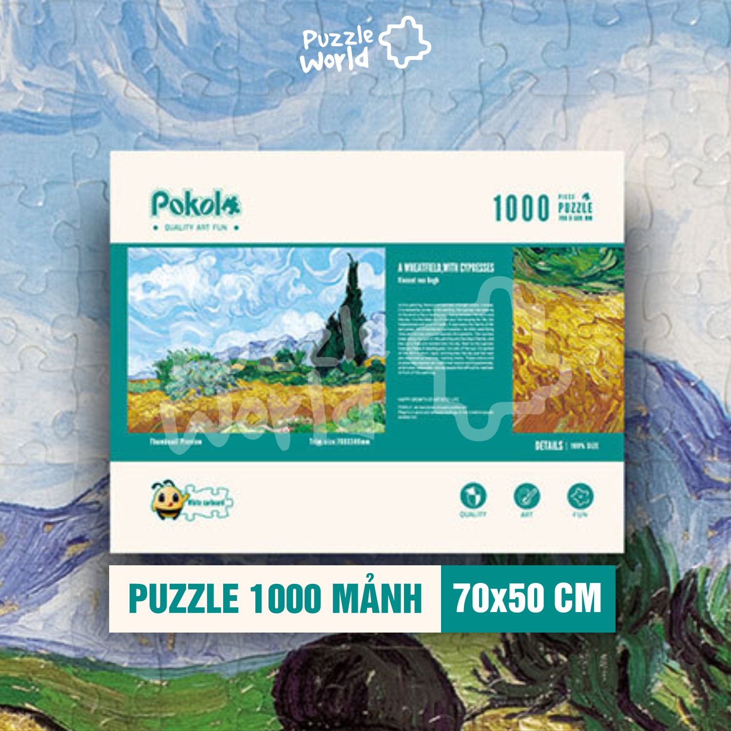 A Wheatfield with Cypresses - Tranh ghép hình 1000 mảnh Pokolo cao cấp - BST Tác phẩm Nghệ thuật - Cánh đồng lúa