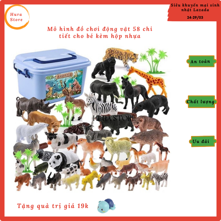 [Freeship+quà]bộ đồ chơi mô hình động vật mini 58 chi tiết thú rừng hoang dã chất liệu nhựa ABS cứng cáp, an toàn giúp bé vui chơi sáng tạo nhiều hoạt động thú vị - Hura Kid