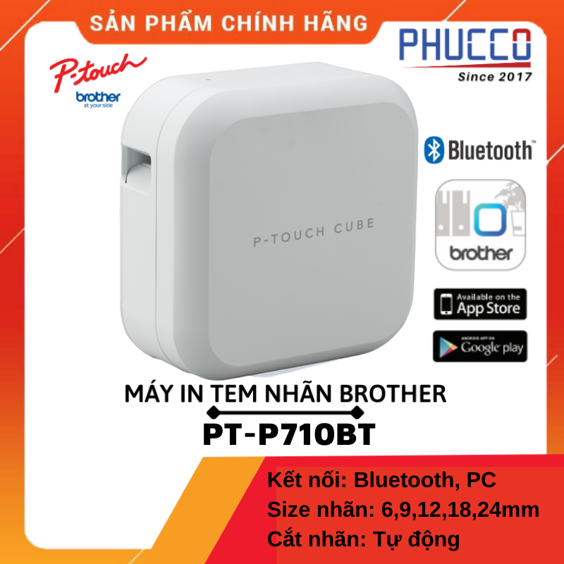 Máy in nhãn brother pt-p710bt, kết nối bluetooth, usb, pin sạc và dao cắt tự động tích hợp - tặng nhãn in