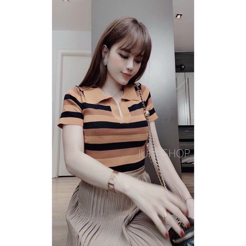 Áo len nữ ngắn tay kẻ sọc ngang 3 màu