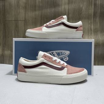Giày thể thao nữ    giày Vans nữ trắng hồng sọc đỏ mận vải canvas cao cấp full box [PHÍ SHIP 0Đ]
