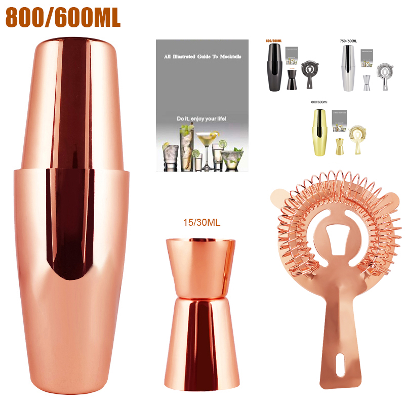 Nhân viên pha chế 3 món, bộ bình lắc cocktail màu vàng hồng đen 800ml/600ml cho bộ lọc jigger bình lắc cocktail bar of boston