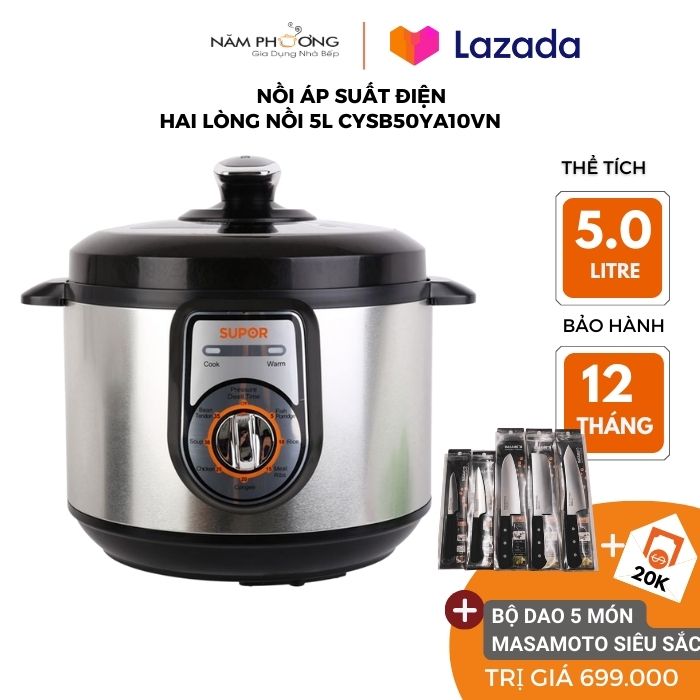 Nồi áp suất điện 2 lòng nồi Supor CYYB50YA10VN-100 5L tặng kèm bộ dao 5 món Masamoto