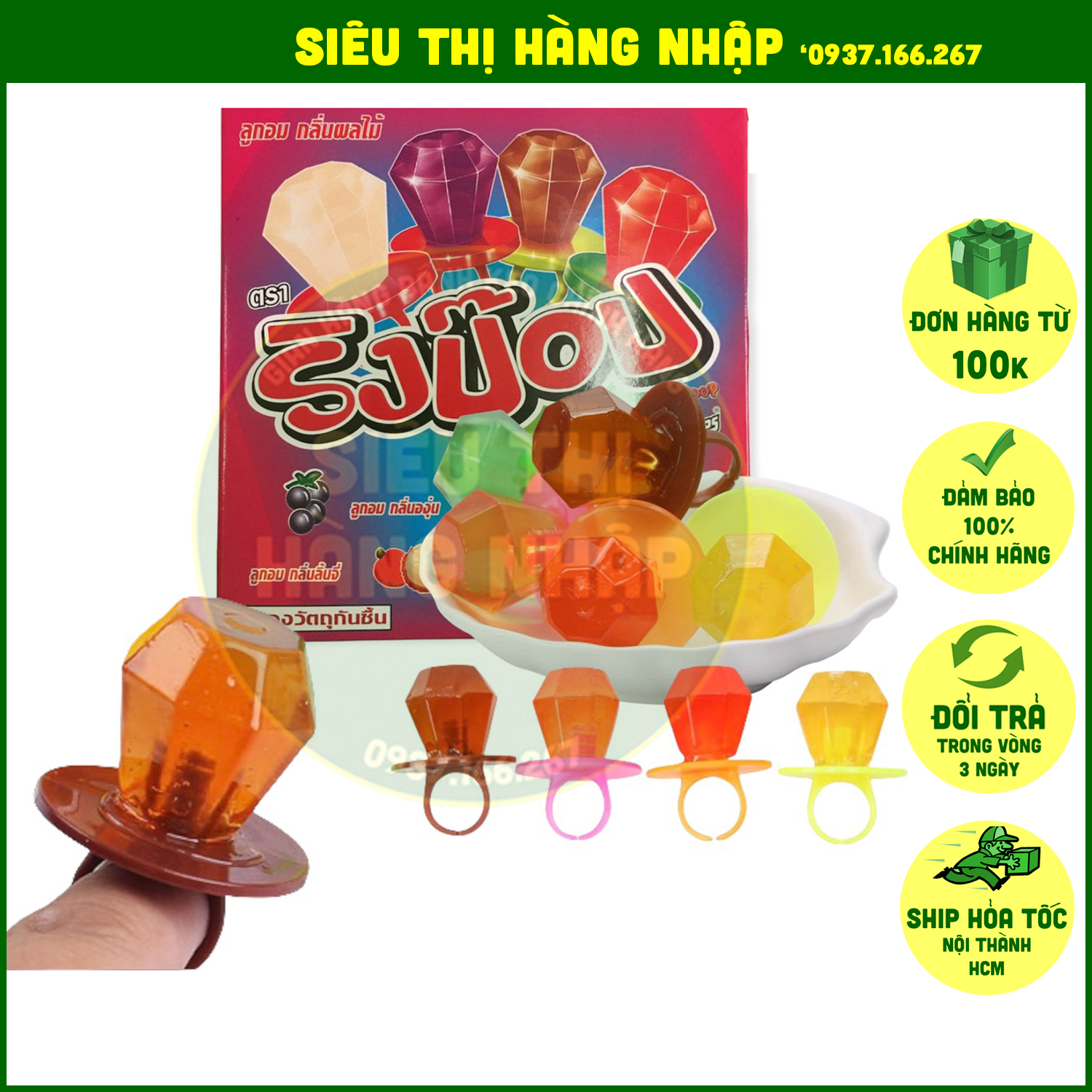 Hộp 24 kẹo nhẫn kim cương Ringpop Mỹ & Thái Lan 4 vị dâu, nho, vải & cola