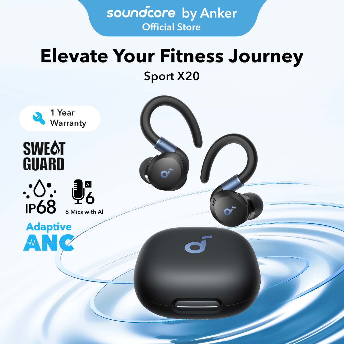 Soundcore Sport X20 by Anker, True-Wireless Workout Earbuds, Rotatable and Extendable Ear Hooks, Noise Cancelling, Deep Bass, IP68 Waterproof, Sweatproof, Dustproof, 48H Play, Sport Earbuds for Gym