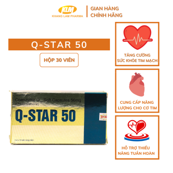 Viên uống Q-Star 50 hỗ trợ thiểu năng tuần hoàn, thiếu máu ở tim, tăng huyết áp động mạch (Hộp 30 viên)