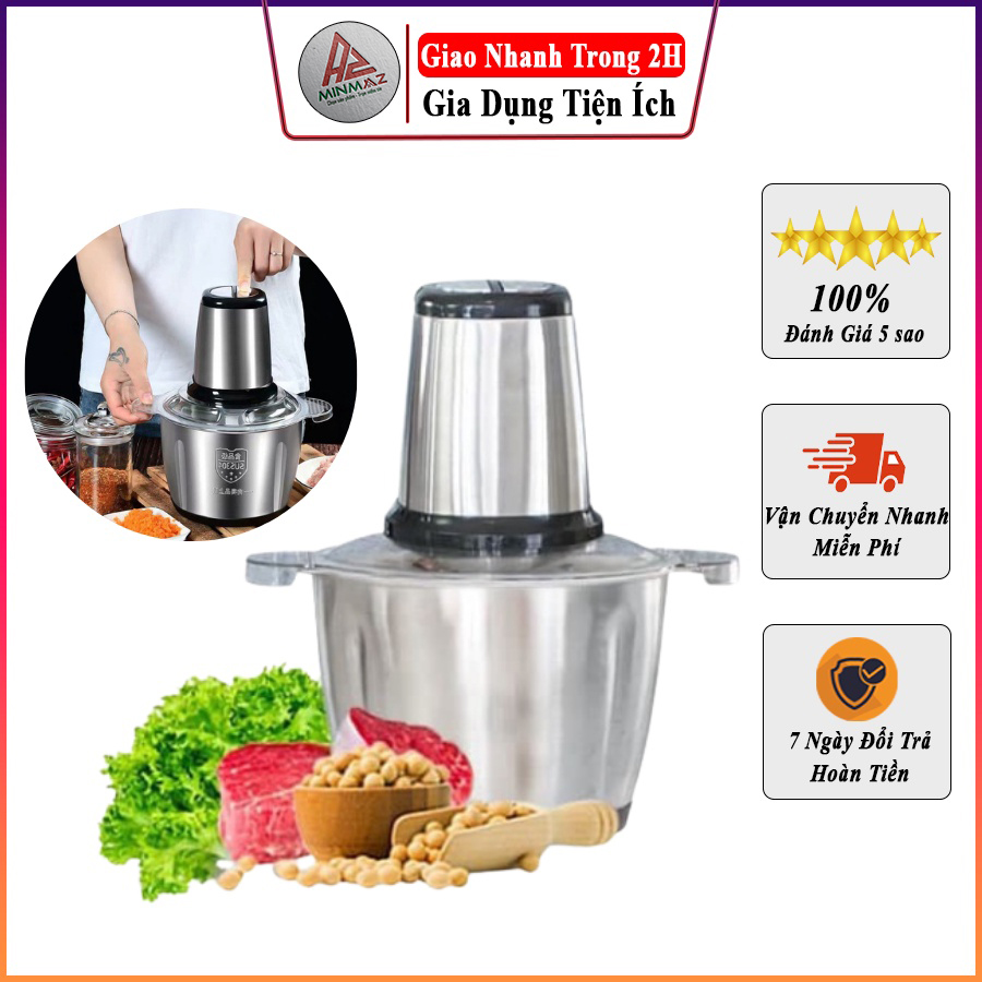 Máy xay thịt, máy xay đa năng cối 2l inox cầm tay 2 chế độ 4 lưỡi dao siêu bền - freeship toàn quốc