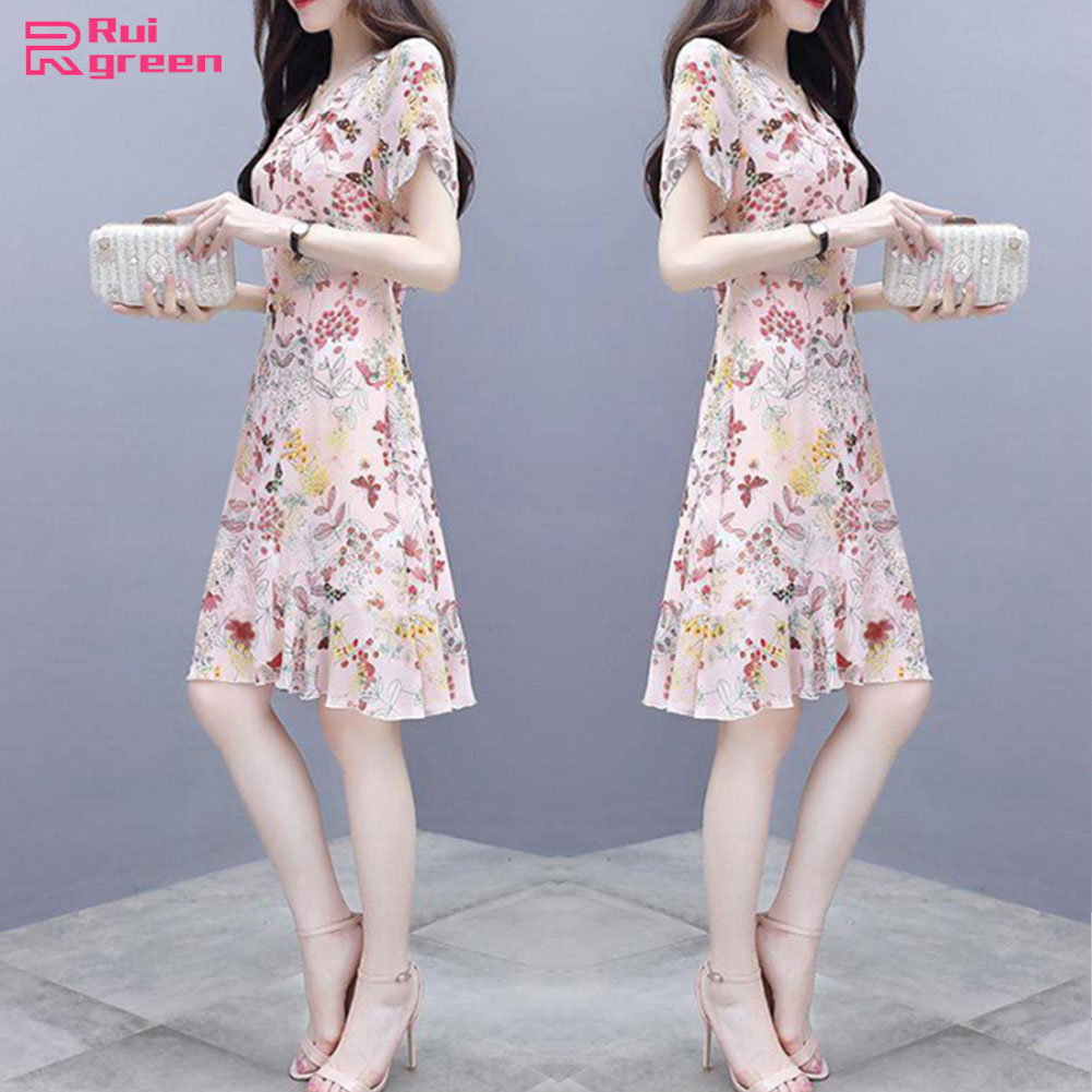 Rui green Summer Women Fashion Elegant Slim Flower Printing Short Sleeve Dress