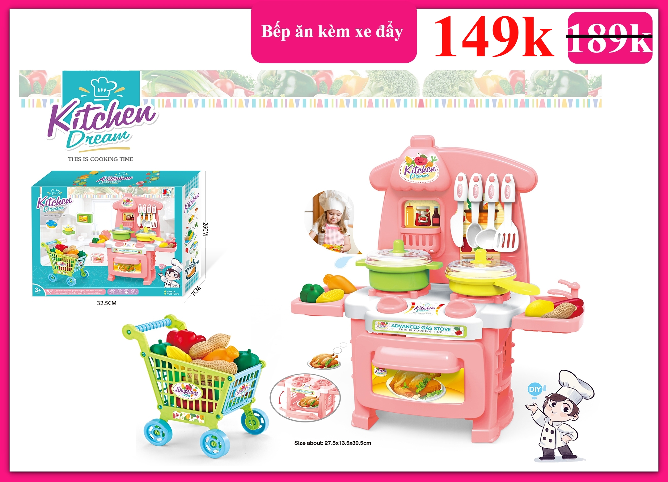 Bộ đồ chơi nấu ăn nhà bếp KITCHEN DREAM cho bé kèm xe đẩy, đồ chơi mô phỏng đồ dùng nhà bếp nấu ăn