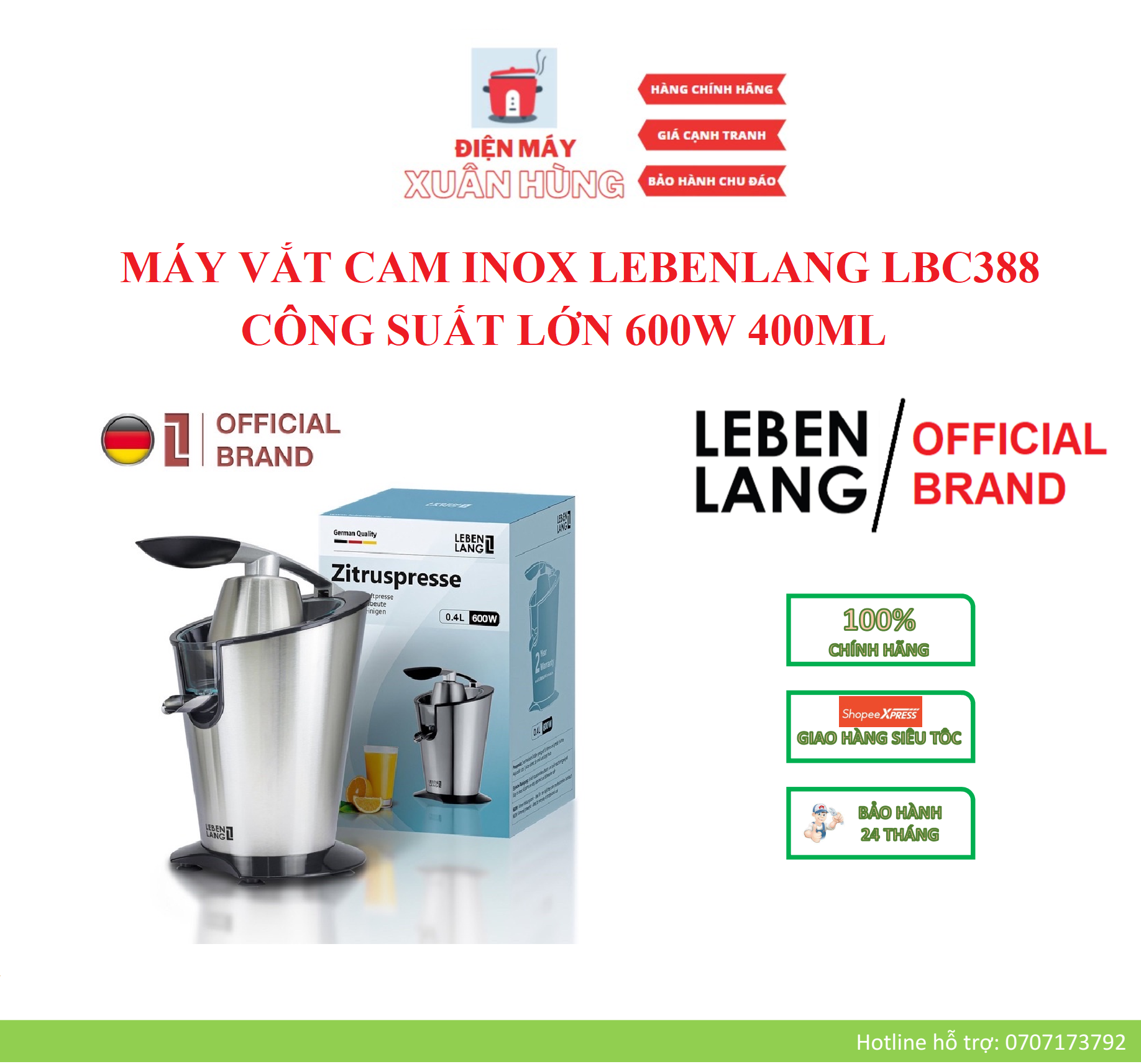 Lbc388 - máy vắt cam inox lebenlang công suất lớn 600w 400ml – bảo hành chính hãng 2 năm