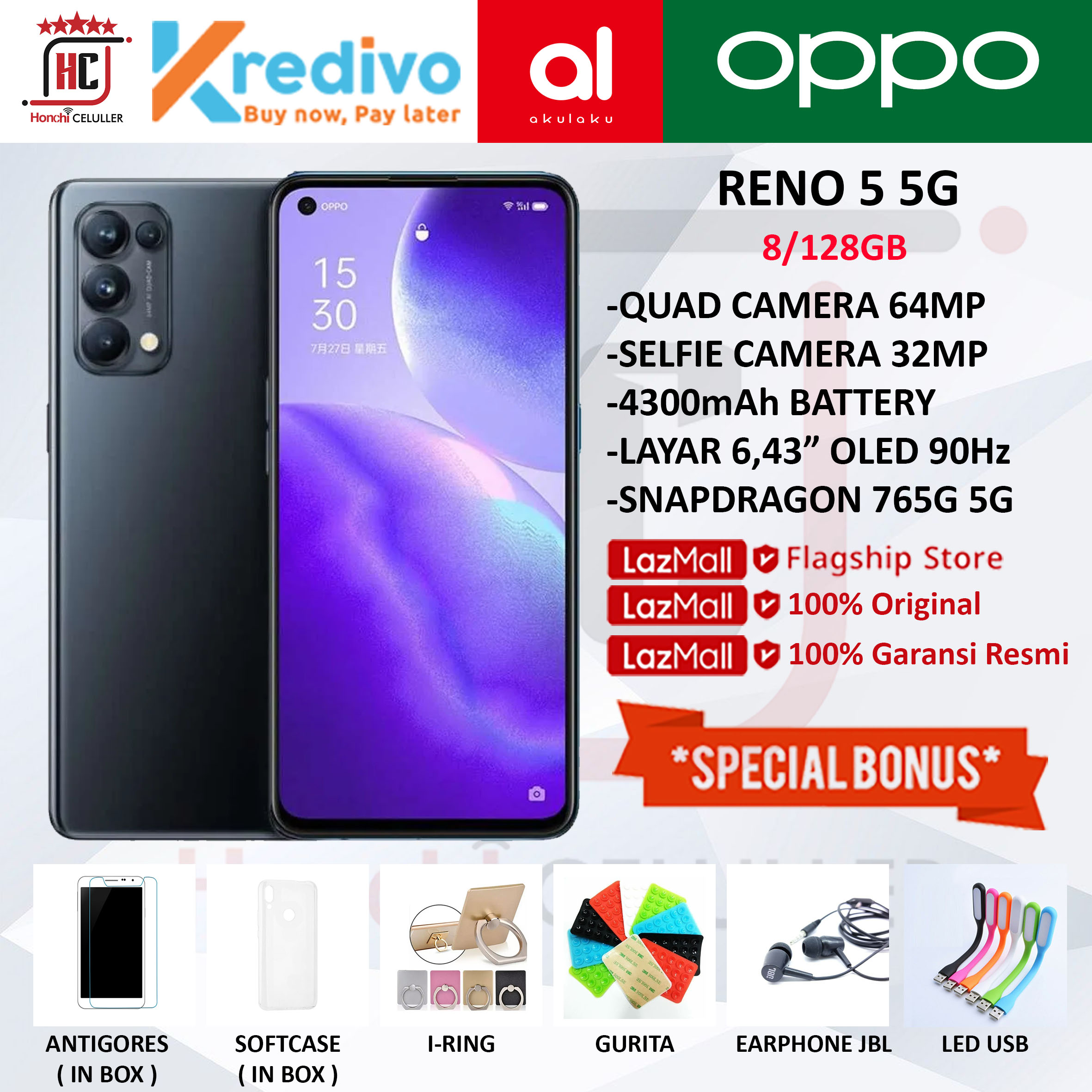 OPPO RENO 5 5G RAM 8GB ROM 128GB 8/128GB GARANSI RESMI OPPO INDONESIA Harga  4,750,000 Ringgit*Penghantaran Percuma