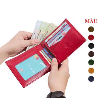 Ví da bò nam xịn màu đỏ, ví ngang gập đôi da nappa  - Bảo hành 5 năm - Thương hiệu Longdo Leather - B11