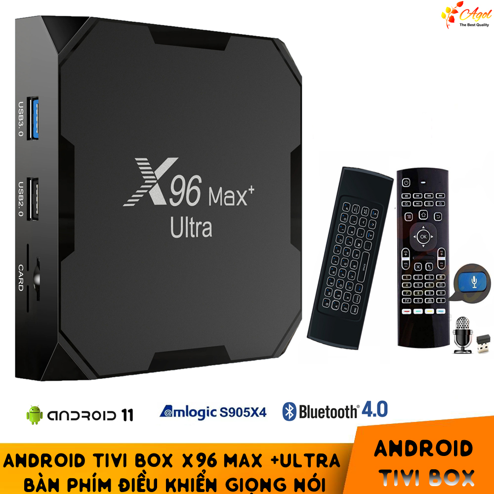 Android TV Box x96 max plus ultra điều khiển giọng nói tiếng Việt kiêm chuột bay bàn phím đèn nền android 11 Ram 4GB Wifi kép bluetooth cài sẵn bộ ứng dụng giải trí miễn phí