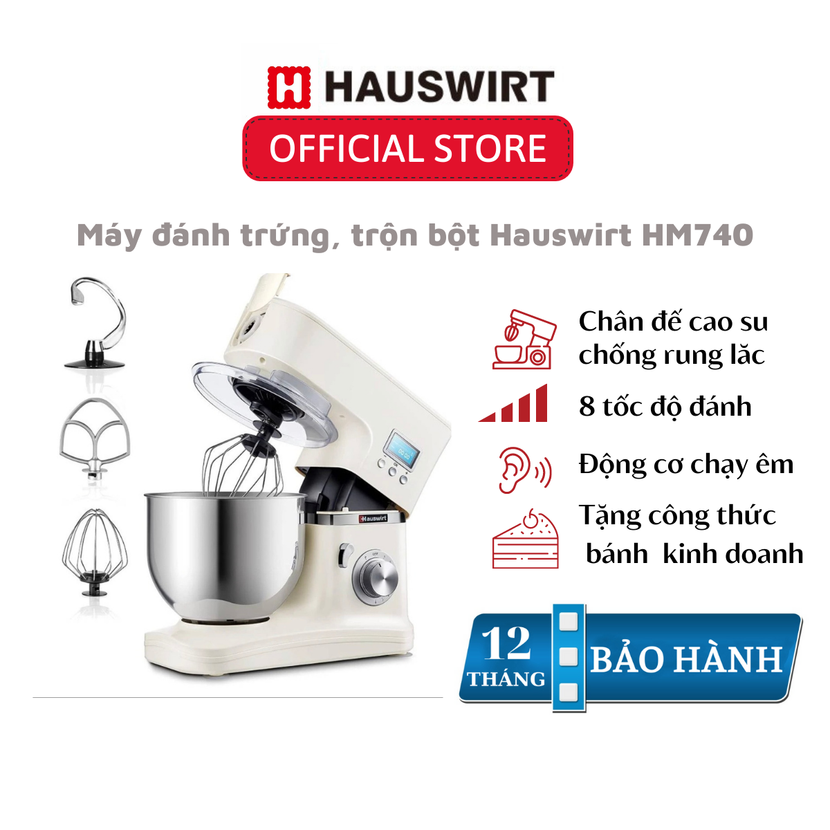 Máy trộn bột, đánh kem, đánh trứng hauswirt hm740 dung tích 5lit công suất 1200w