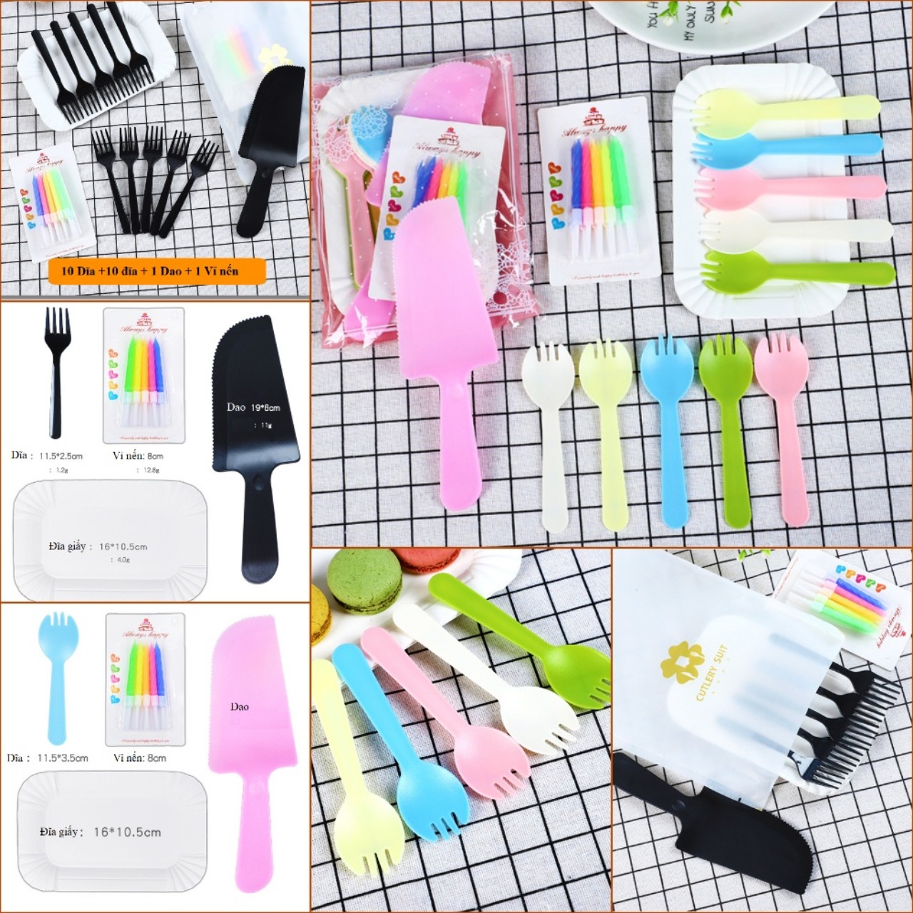 Bộ nến,dao,dĩa, đĩa ăn bánh sinh nhật - set dao dĩa nến ăn bánh kem