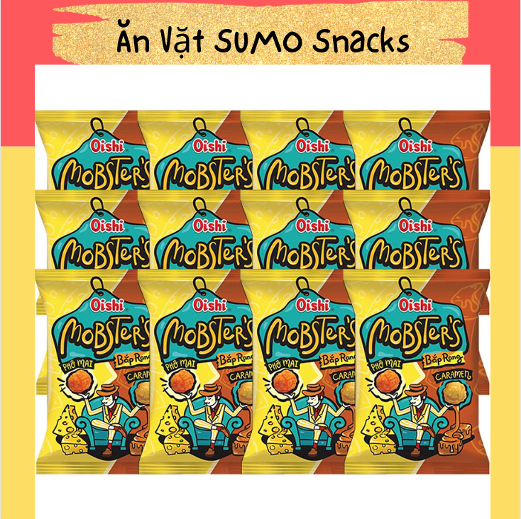 Bịch 10 gói bim bim snack bắp rang caramen phô mai/socola oishi mobsters gói 35/40g-ăn vặt sumo snack