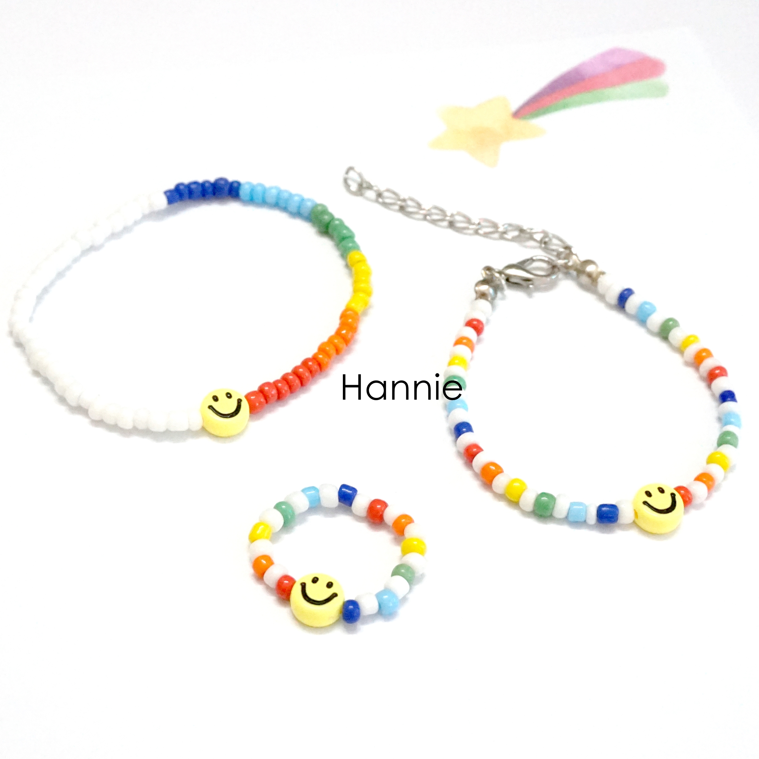🙂 Set hạt cườm nhựa trắng cầu vồng mặt cười handmade - Combo vòng tay nhẫn dành cho nam nữ đơn giản khóa thép không gỉ