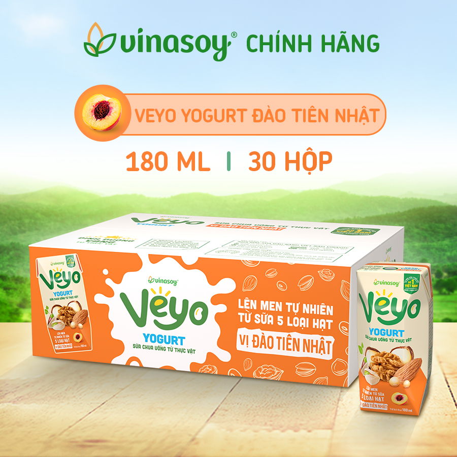 Thùng Sữa chua uống từ thực vật Veyo Yogurt vị Đào Tiên Nhật (30 Hộp x 180ml)