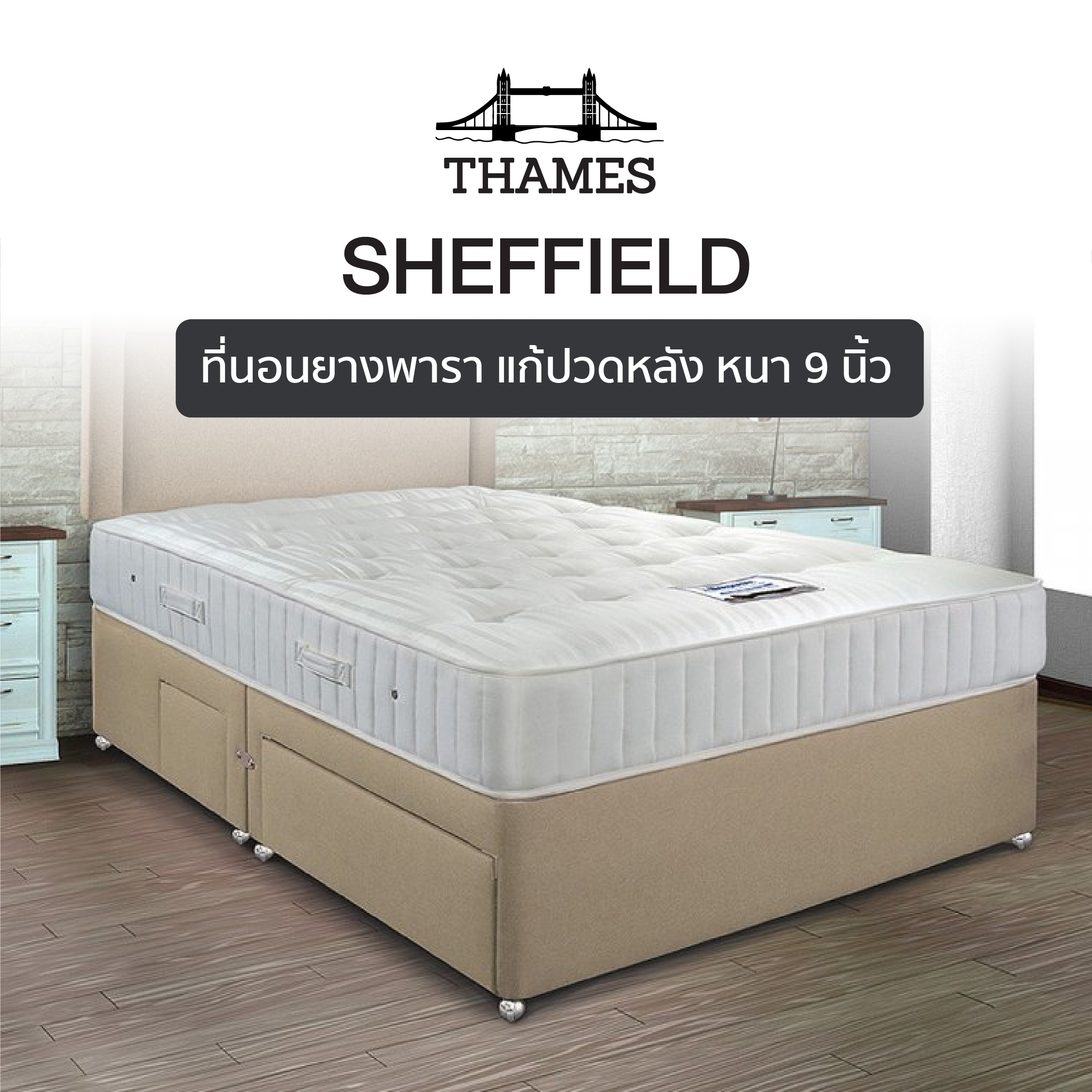 Thames [ส่งฟรี] ที่นอนรุ่น Sheffield 9นิ้ว ที่นอนยางพาราแท้ ที่นอนยางพารา ที่นอนสุดคุ้ม ยางพารา แก้ปวดหลัง ที่นอนคุณภาพ ที่นอน ยางพารา ราคา 2,799 บาท*ส่งฟรี