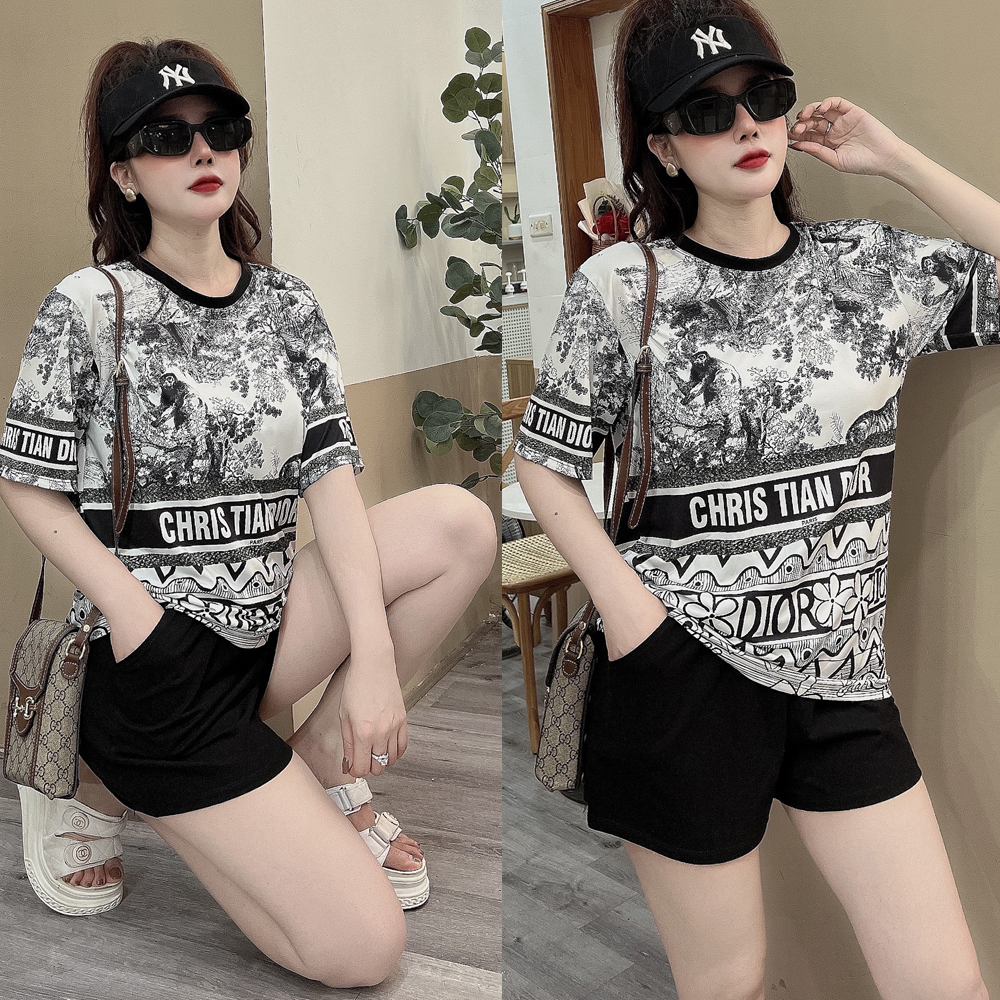 Đồ bộ thun đùi form rộng họa tiết cây phối chữ trắng đen