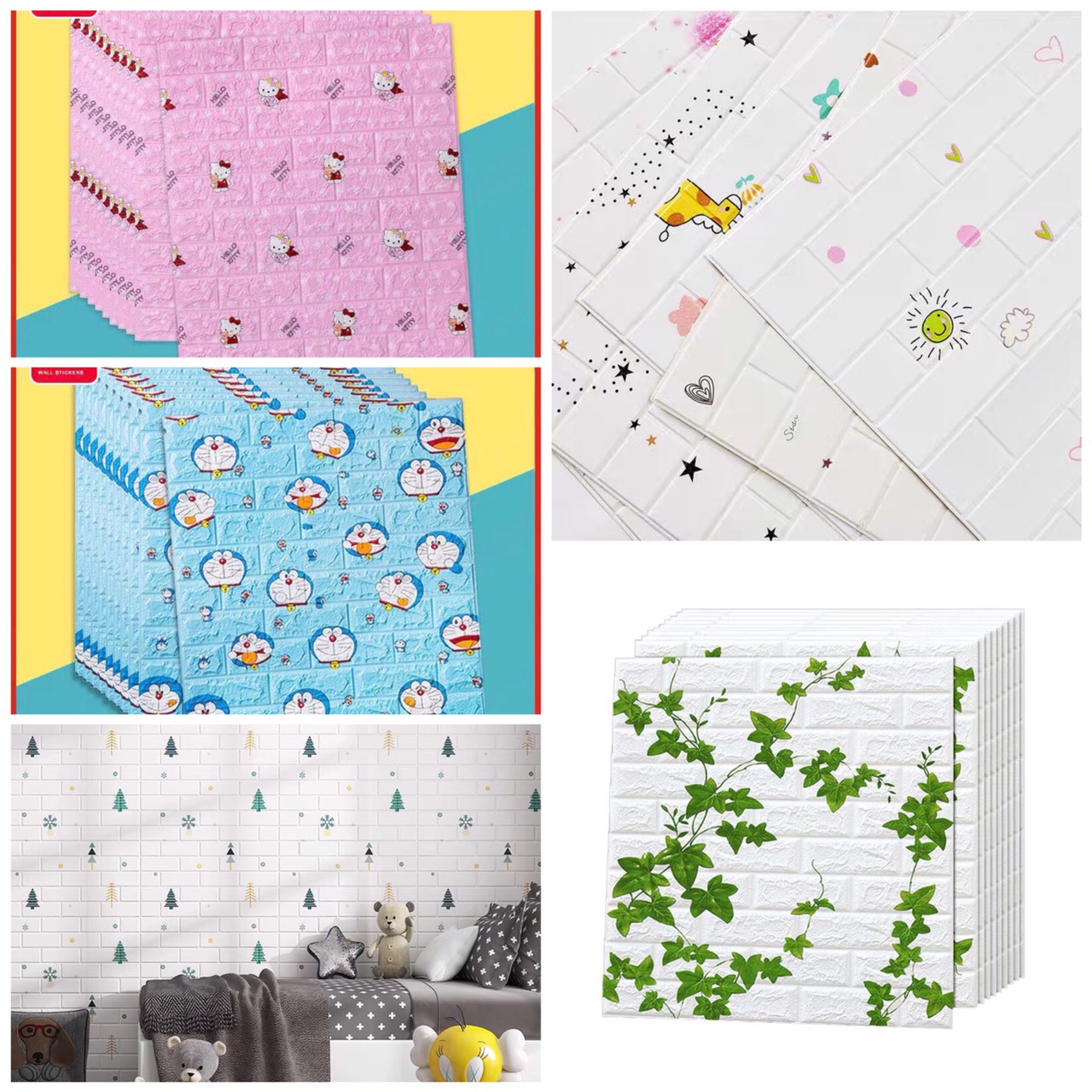 10 Tấm mút xốp dán tường trẻ em 3D hoạt hình ngộ nghĩnh – xốp dán tường trẻ em hình Doremon, Hello Kitty, Hoa văn lá .Mua tấm xốp , mút dán tường cao cấp chống ẩm mốc giá rẻ.Miếng xốp trang trí phòng khách , phòng ngủ