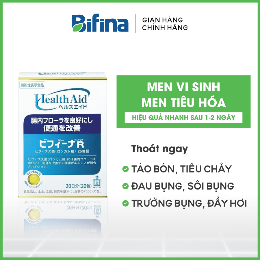 Men vi sinh-Men tiêu hóa sống BIFINA NHẬT BẢN, loại R hộp 20 gói hỗ trợ tiêu hóa cho trẻ em, người lớn, bà bầu, táo bón, tiêu chảy