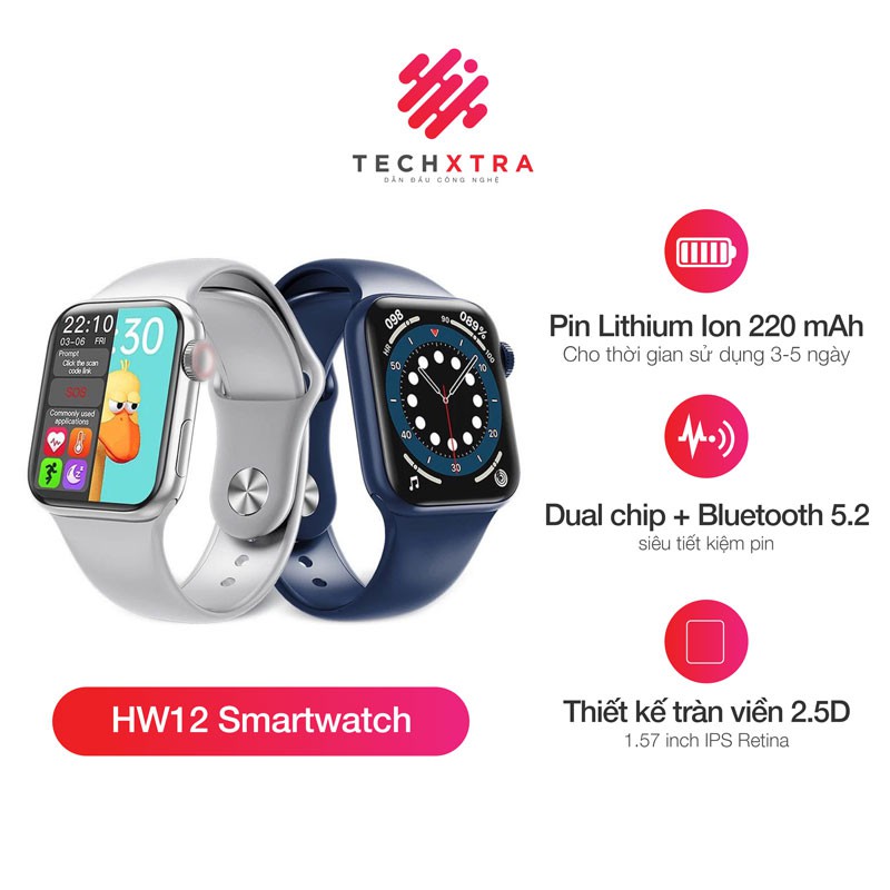 Đồng Hồ Thông Minh SmartWatch HW12, Kết nối NFC, Bluetooth, màn hình cảm ứng vuông 1.57 inch, Smart Wacth Seri 6 HW12 Thay Được Hình Nền Tùy Ý, Nghe Gọi Trực Tiếp, Nút Xoay Digital Crown, Chống Nước, Thay Được Dây, Tiếng Việt 100%