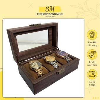 Hộp Đựng Đồng Hồ 3 Ngăn Vỏ Da Vân Gỗ Nâu Sang Trọng - Phụ Kiện Song Minh