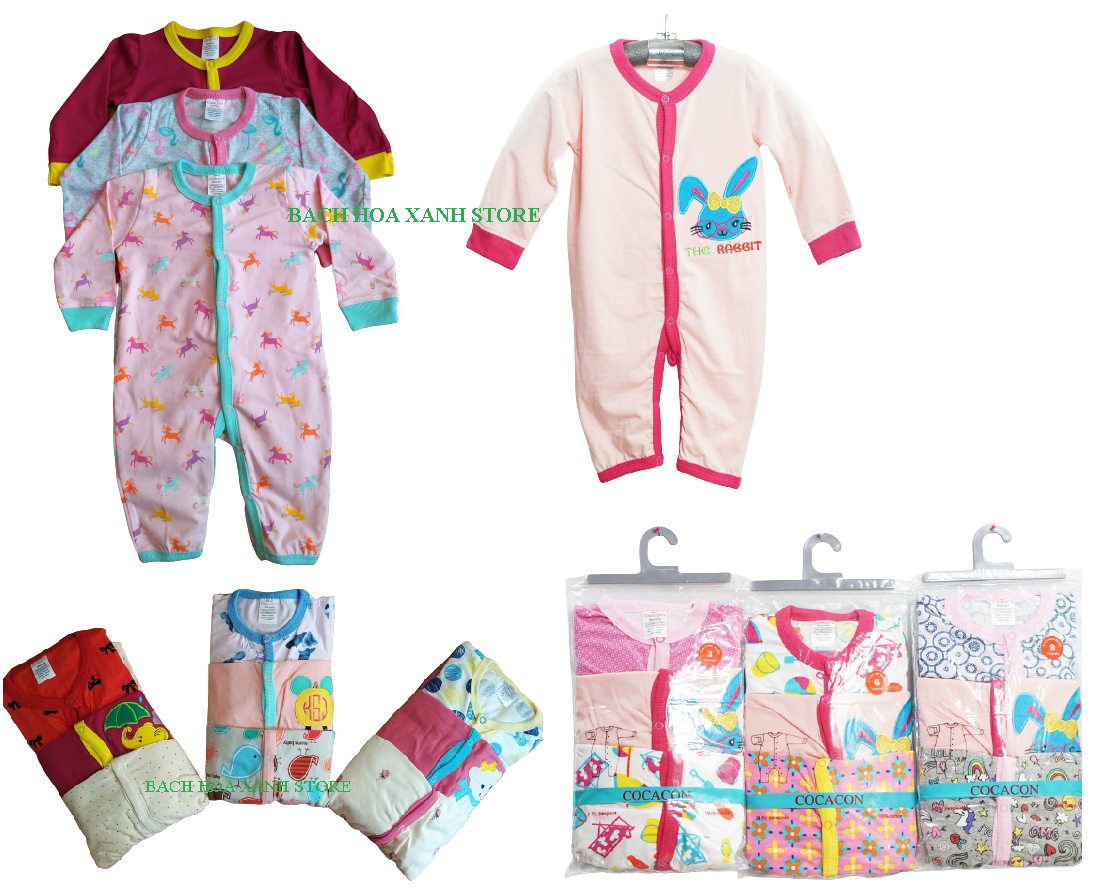 Set 3 Body Tay Dài liền quần cotton Việt Nam cho bé Gái từ 3 tháng - 2 tuổi - áo liền quần, body suit, sleep suit, body dài tay