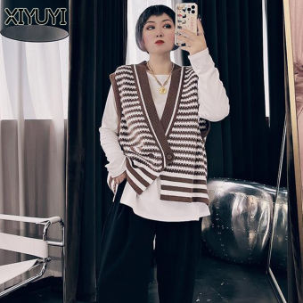Xiyuyi vest của phụ nữ hàng đầu sọc v-cổ dệt kim 2023 của phụ nữ vest ghép màu cho áo khoác ngoài