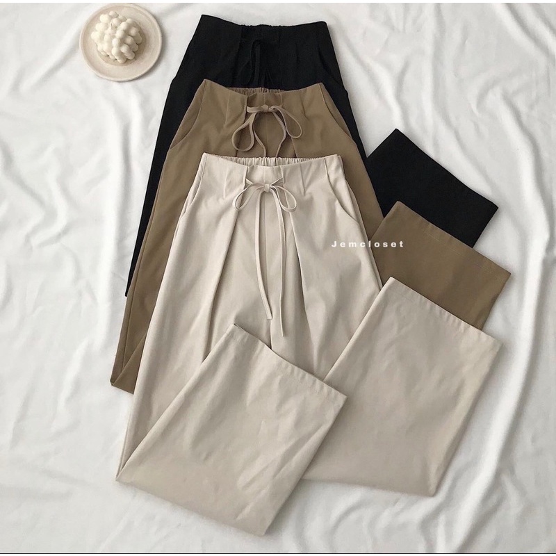 quần ống rộng suông nữ dây rút lưng thun vải kaki năng động