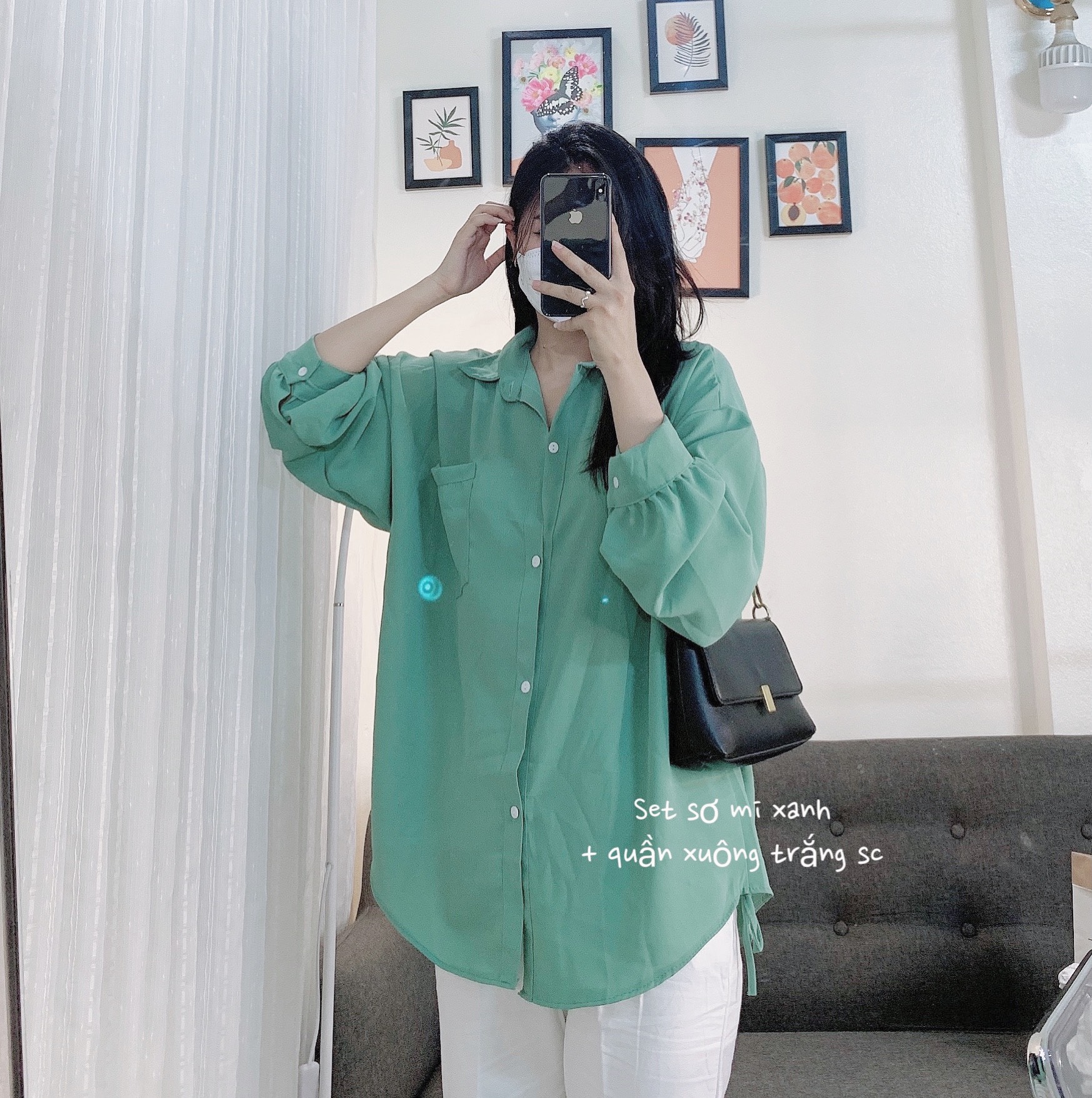Set đồ công sở áo sơ mi form rộng màu xanh kèm quần tây nữ màu trắng dáng suông thời trang