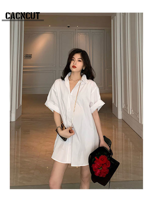 Cacncut sơ mi nữ phong cách hàn quốc kiểu rộng áo sơ mi trắng kiểu rộng Nữ Tay Ngắn che hông áo sơ m