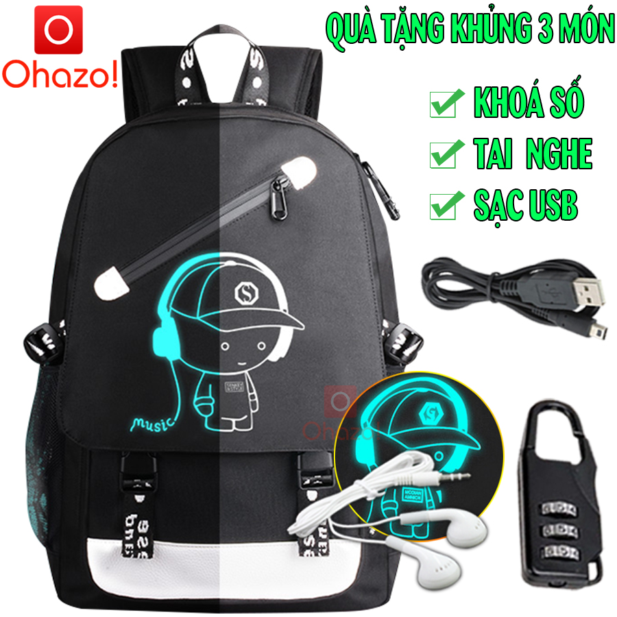 Balo nam dạ quang phát sáng hình Cậu bé nghe nhạc ngộ nghĩnh, Tặng kèm cáp sạc USB & Khóa số chống trộm, Tai nghe, Ví mắt dạ quang