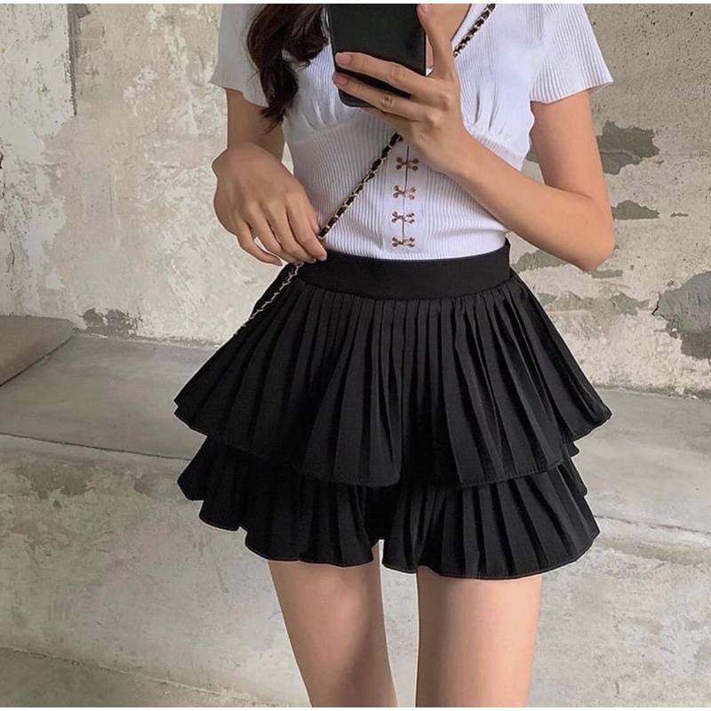Chân Váy Xếp Ly 2 Tâng Dáng Ngắn 🦋 Váy Cạp Cao Dáng Xòe 2 Màu