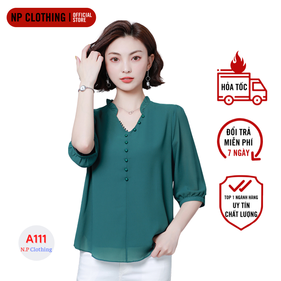 Áo Trung Niên Nữ A111 Mẫu Áo Kiểu Tay Lỡ Cổ Bèo Đính Nút Form Rộng Bigsize | Thời Trang Trung Niên NP Clothing