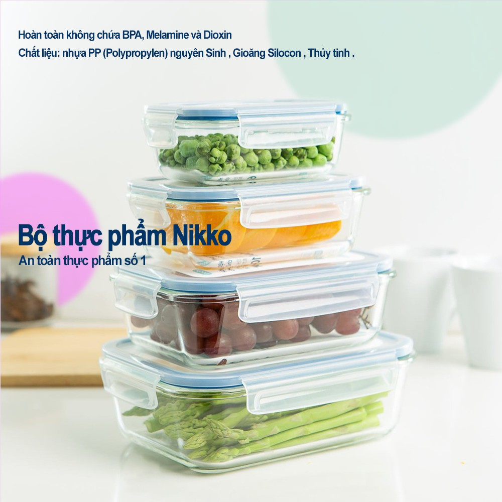 Hộp Trữ Đông, hộp chữ nhật thủy tinh Inochi Đựng Thực Phẩm Nikko Đựng Đồ Ăn Thức Ăn Bảo Quản Thực Phẩm