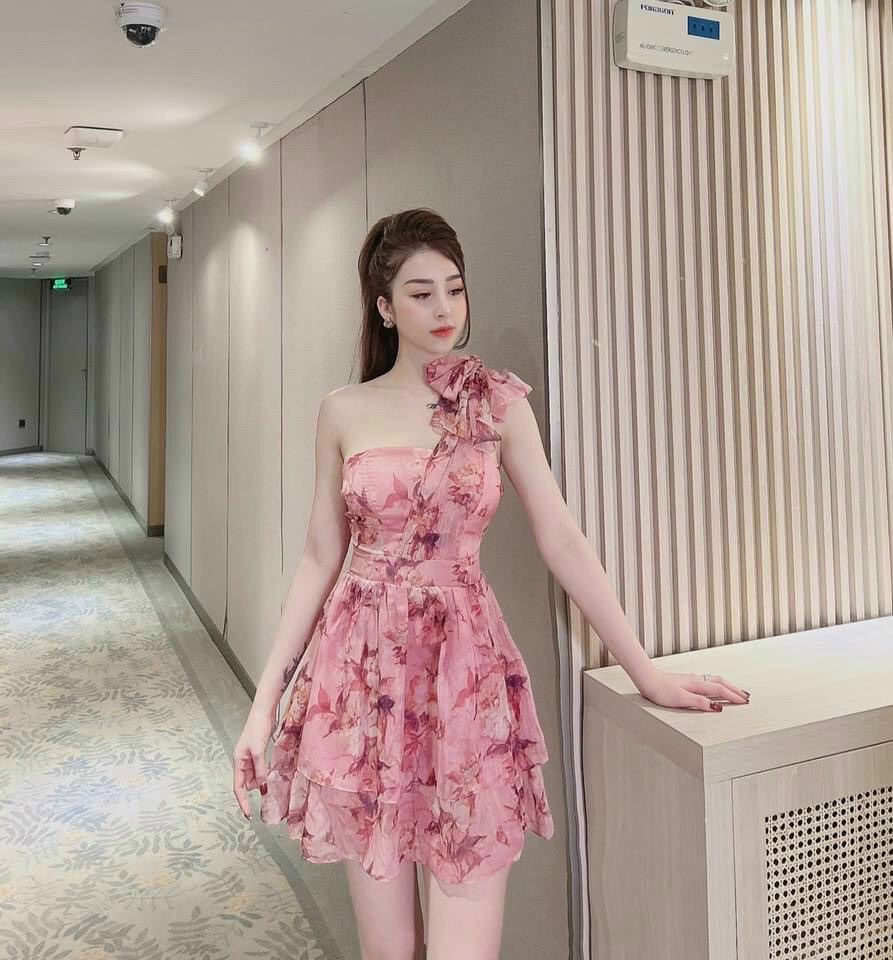 Đầm voan 2 lớp dáng xoè thắt nơ vai hoạ tiết hoa thời trang cực xinh m5356