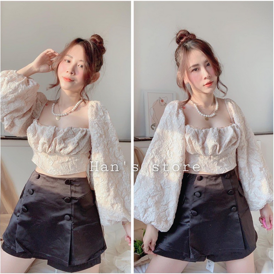 Áo croptop kiểu cổ vuông tay phồng thắt nơ lưng tiểu thư MICHI , áo xốp tay phồng thắt nơ lưng